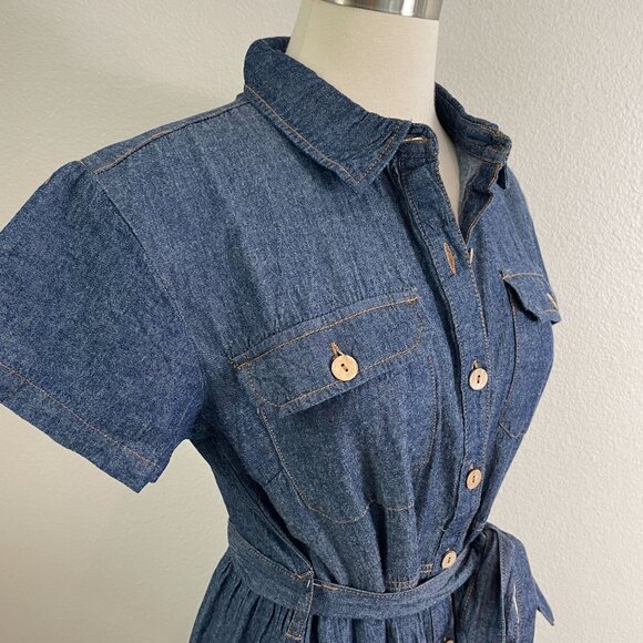 NEW J Gee Womens Small Denim Button Up Tiered Midi Dress Pockets & Belted Waist - Picture 2 of 12